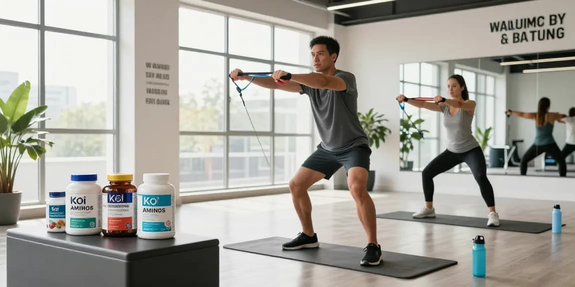 Koi Aminos peptides featured among fitness supplements in a vibrant health studio workout scene.