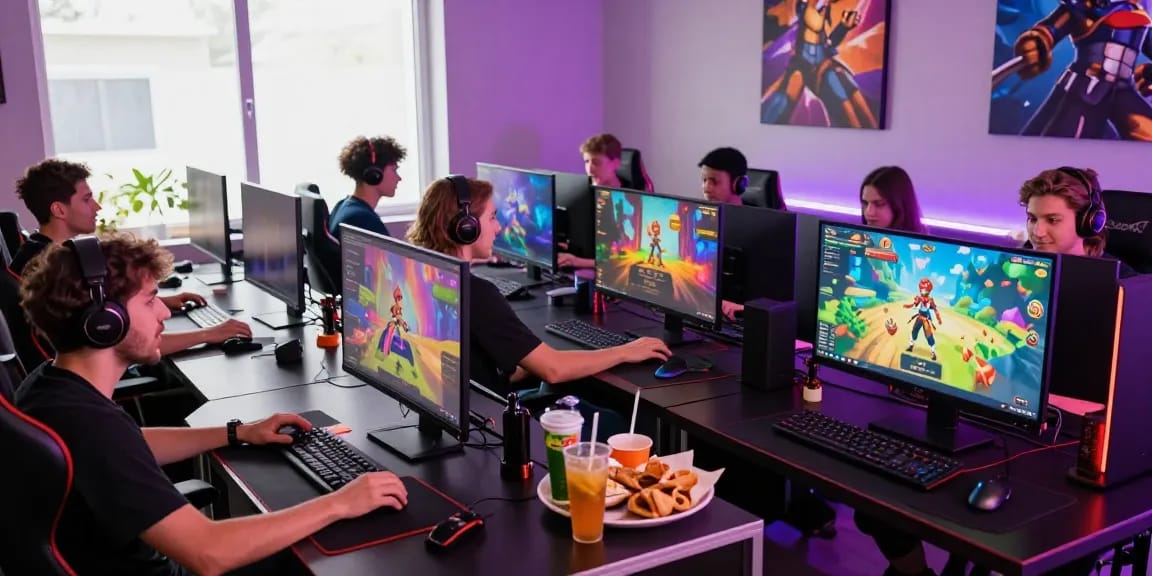 Enthusiastic gamers enjoying free porn games in a vibrant online setting with colorful graphics.