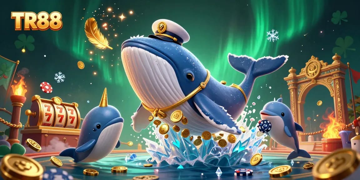 Engage in exciting gaming at TR88 with a vibrant scene of a captain whale, narwhal, and dolphins amidst coins and slot reels.