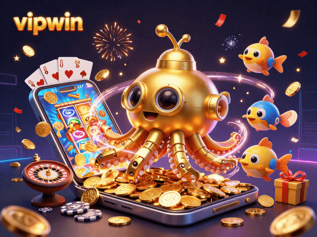 Experience exciting games with vipwin: a golden kraken submarine amidst slot reels and coins.