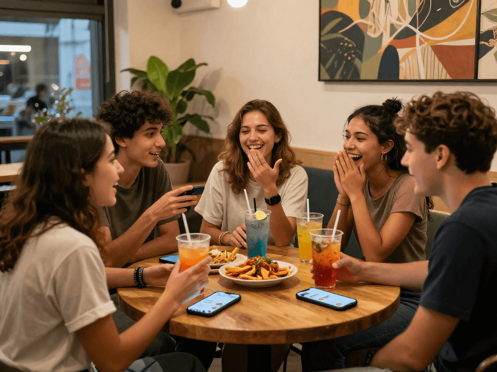 Engaging spicy chat scene in a cozy café with drinks and snacks.