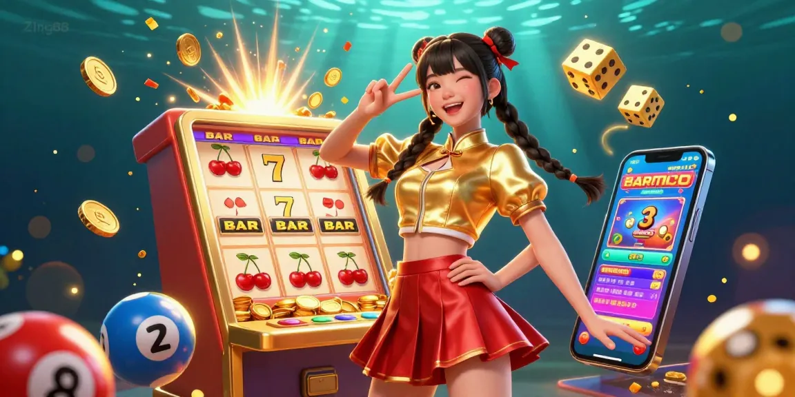 Zing88 immerses players in vibrant gaming with colorful slot machines and lively confetti.