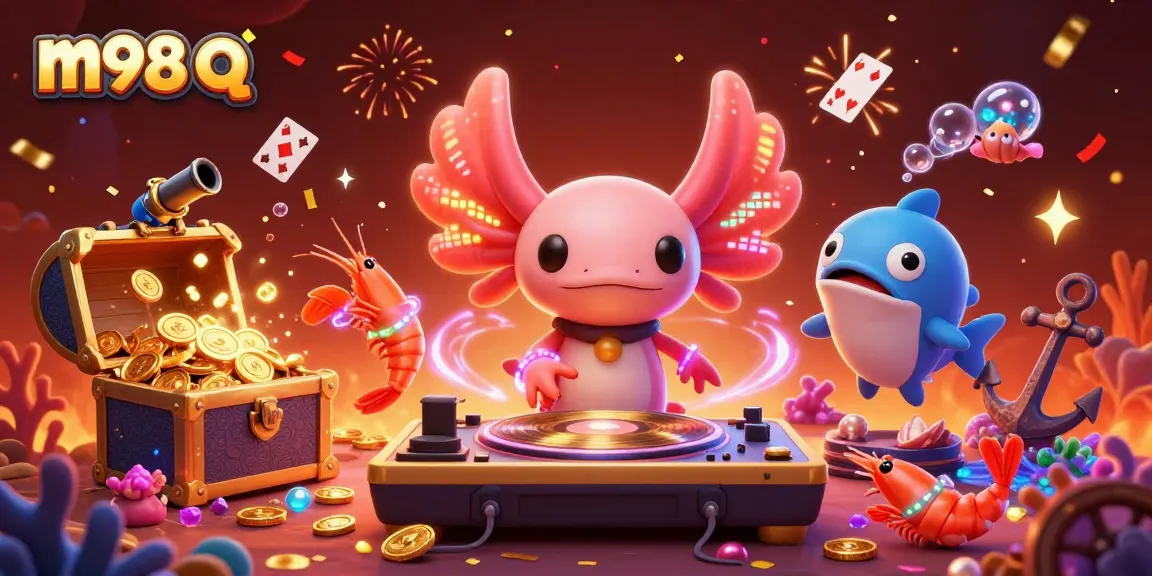 Experience m98 q with vibrant neon casino-themed characters, underwater treasures, and thrilling game elements.