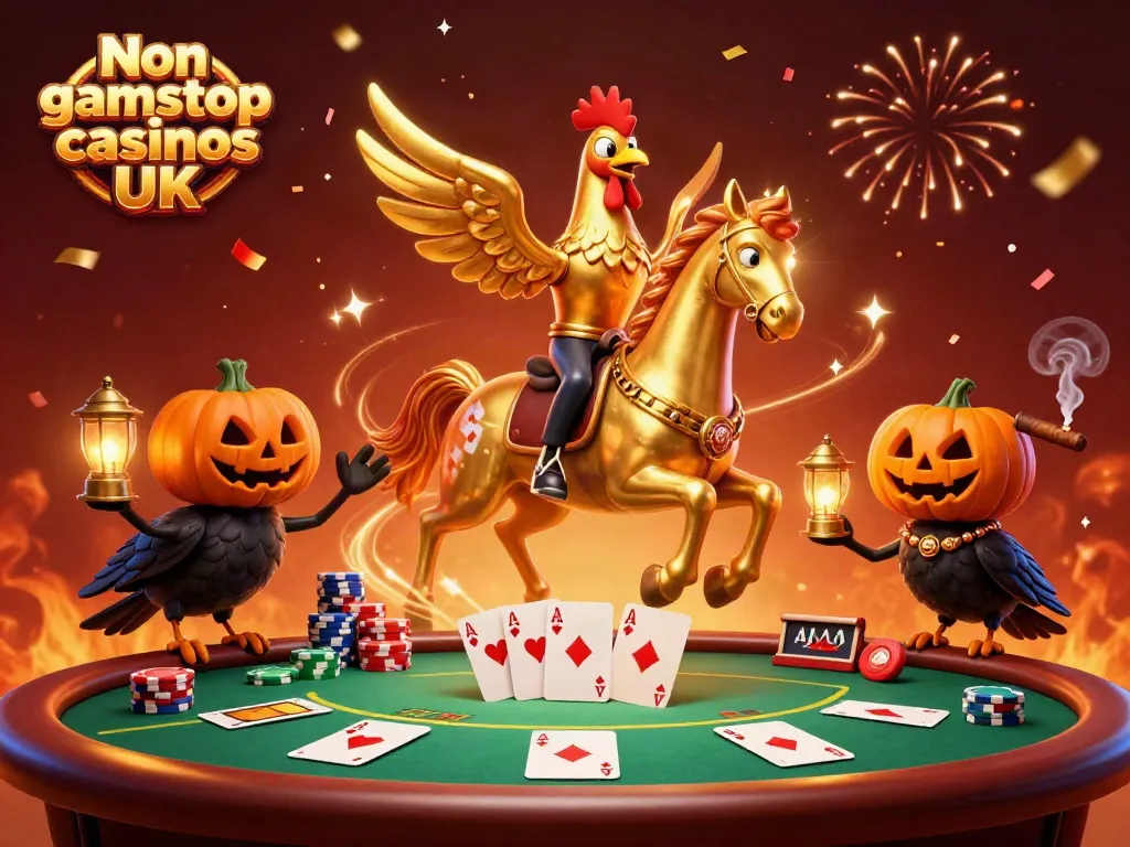 Experience the excitement of Non gamstop casinos UK with a vibrant 3D casino scene showcasing unique characters.