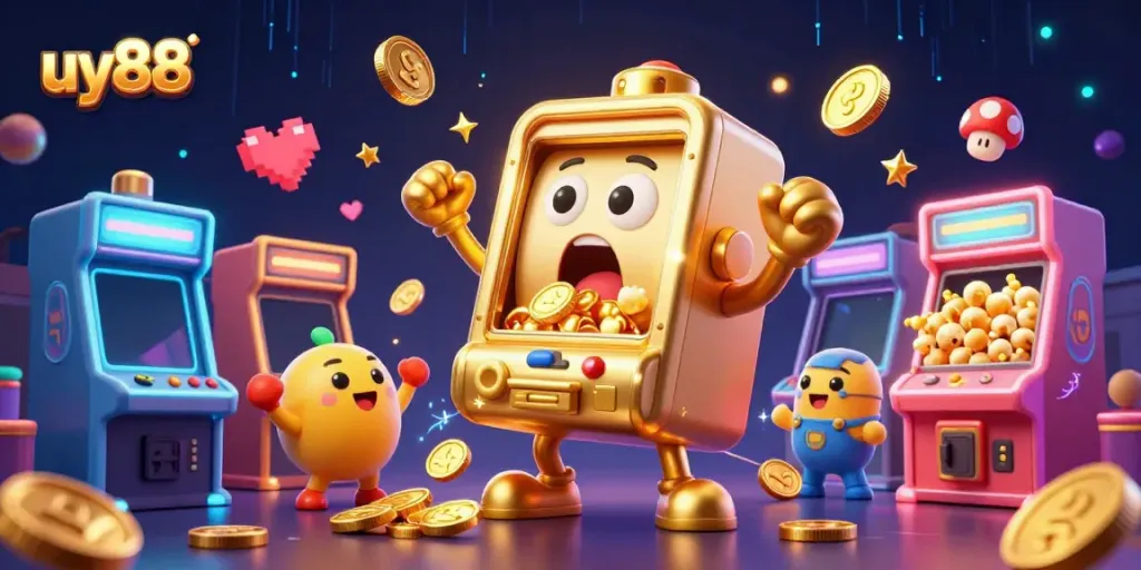 uy88 slot machine celebrates jackpot with coins pouring out, surrounded by cheering mini slots and arcade elements