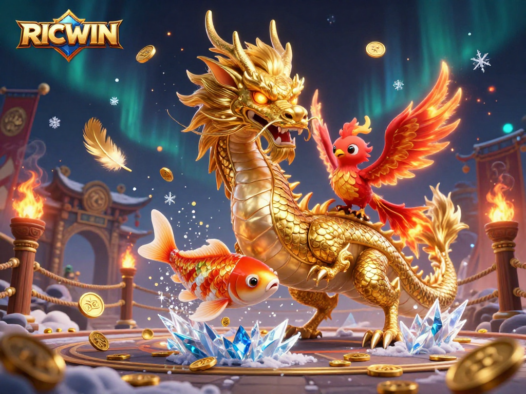 Experience RICWIN with a captivating golden dragon soaring through coins, showcasing vibrant gambling elements.