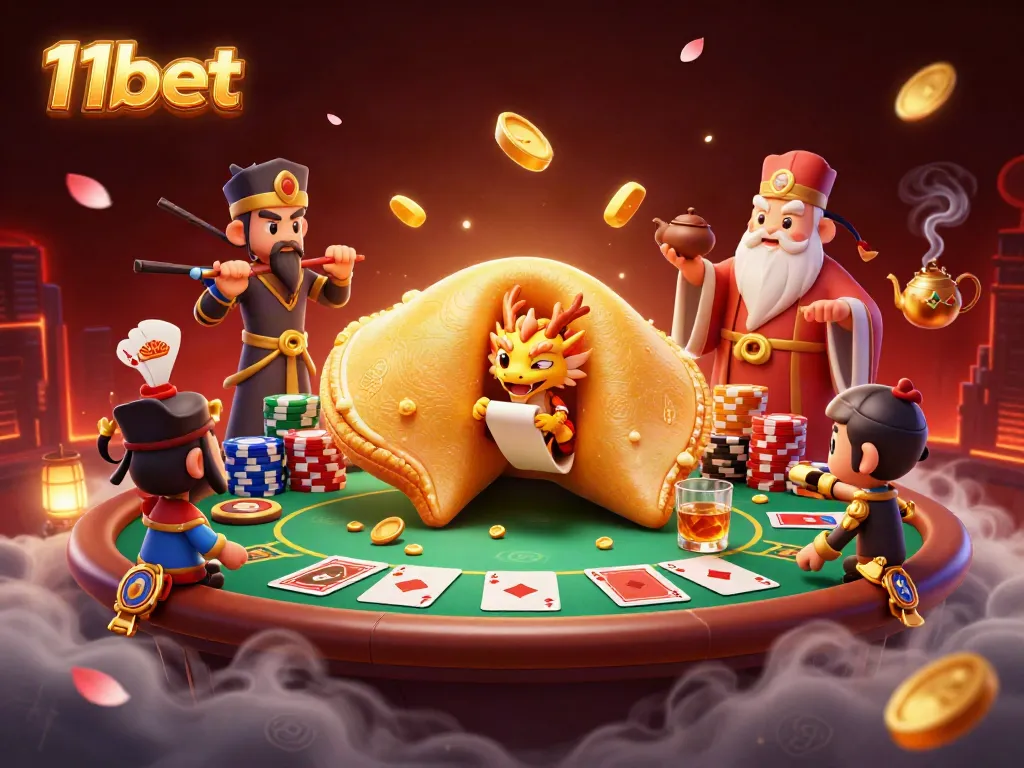 Engage in thrilling 11bet gaming, featuring a golden fortune cookie, dragon, and poker elements.