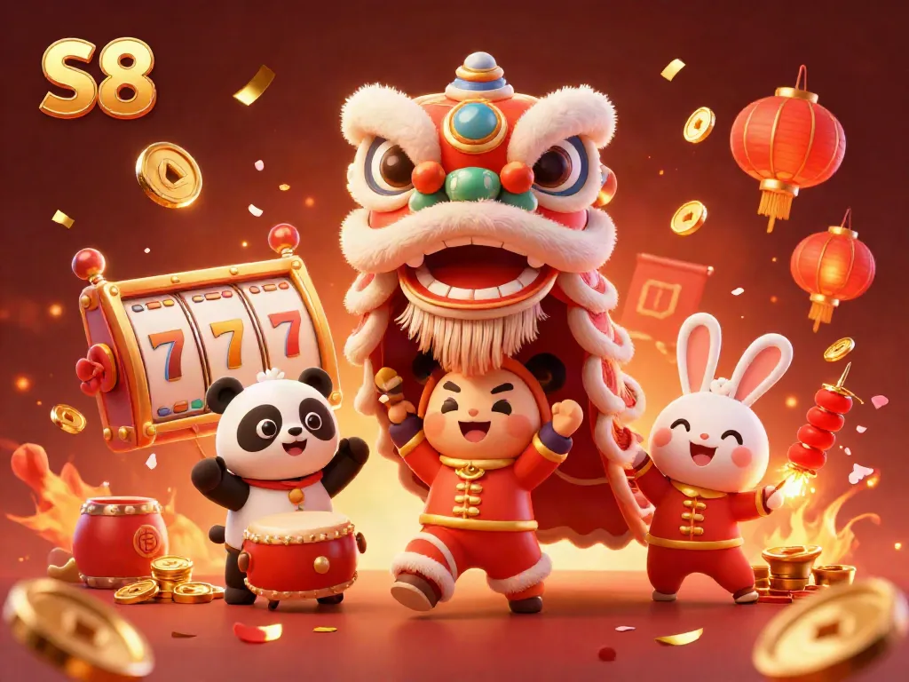 Engage with the S8 casino scene featuring a dragon dance and vibrant slot machine elements.