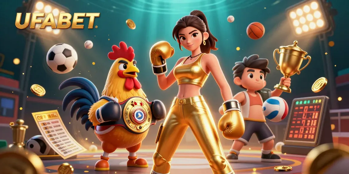 Bet on UFABET with a dynamic scene of champions and game elements, showcasing sports excitement.