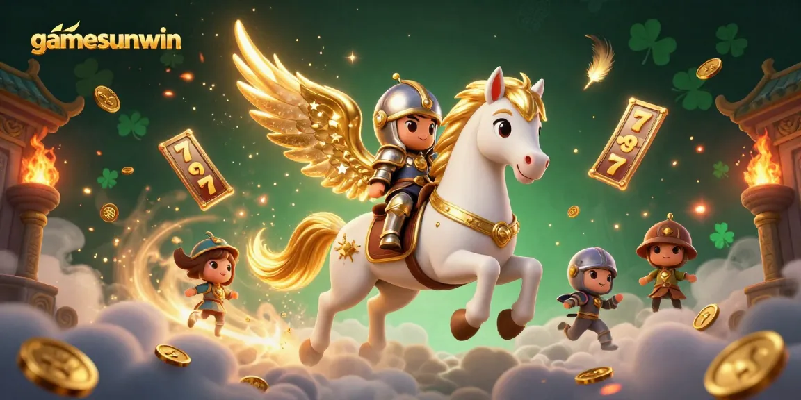 Experience gaming excitement with gamesunwin's celestial scene, filled with golden slot reels and animated characters.