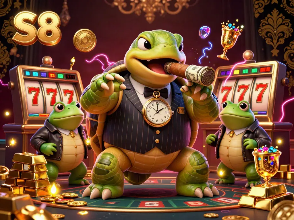 S8 casino-themed illustration showcasing vibrant characters and slot machines in a dynamic scene.