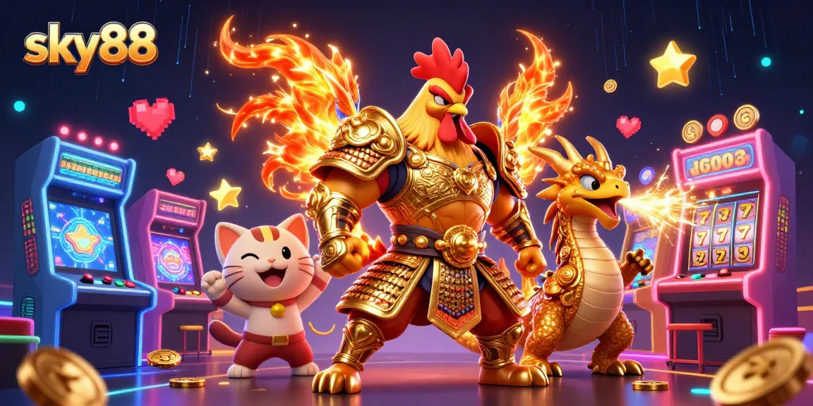 Engage with sky88 in an electrifying 3D casino scene featuring stunning characters and vibrant gaming elements.