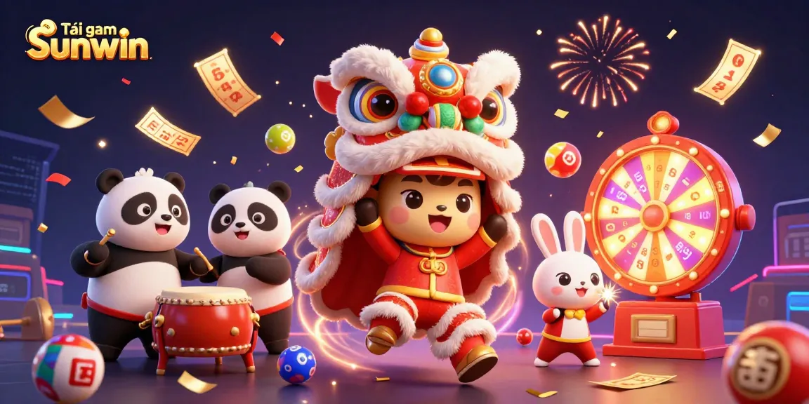 Tải game Sunwin with a vibrant lion dance, drumming panda, and bouncing lottery balls in a festive scene