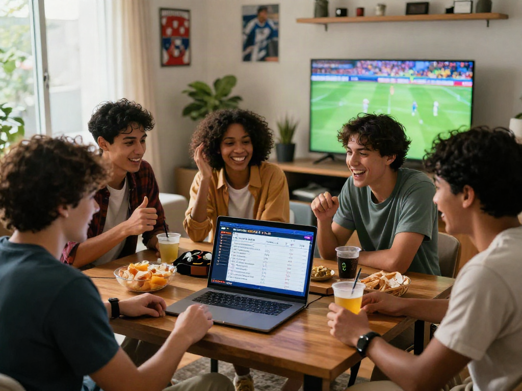 Friends enjoying 토토사이트 검증 먹튀스팟 in a lively living room while watching sports.