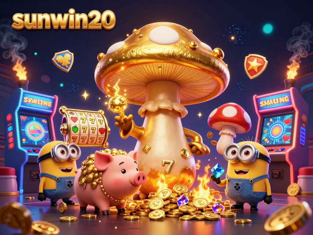 Experience sunwin20 with a whimsical golden mushroom wizard and treasure-hunting truffle pig in a vibrant casino scene.