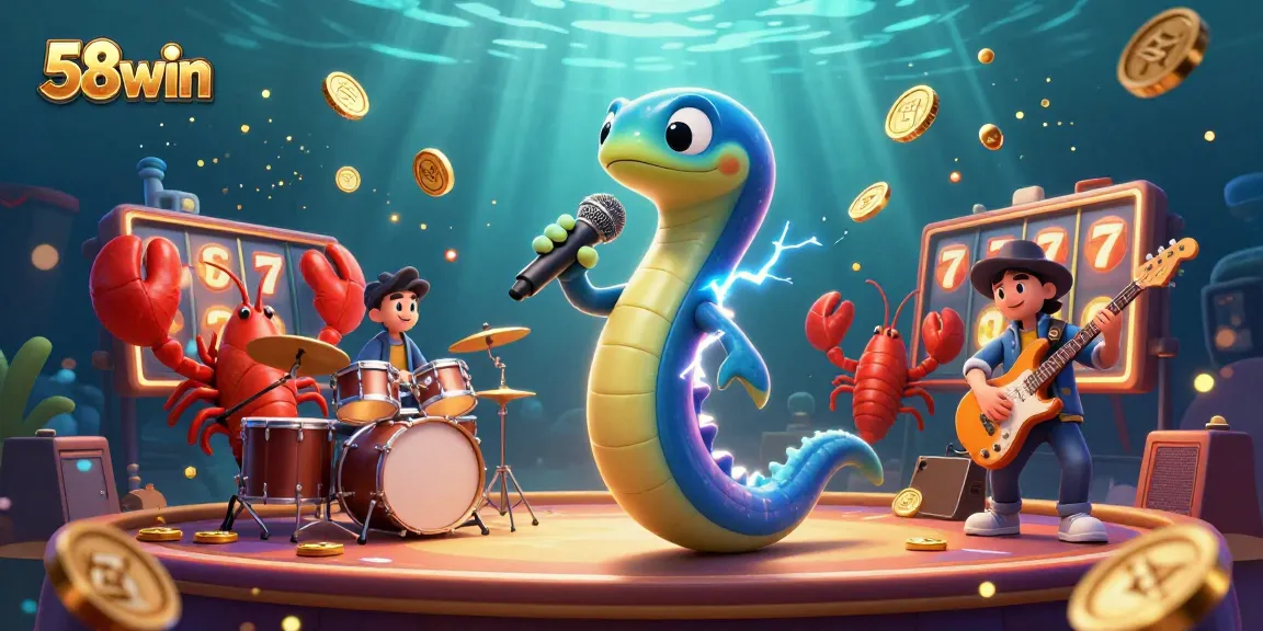 Experience the excitement of 58win in this dynamic underwater casino illustration featuring playful characters and vibrant game elements.