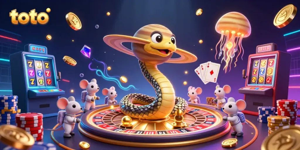 Experience the excitement of toto gaming with a cosmic roulette scene featuring vibrant characters and 3D casino elements.
