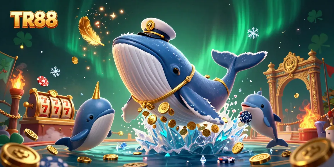 Engage in exciting gaming at TR88 with a vibrant scene of a captain whale, narwhal, and dolphins amidst coins and slot reels.