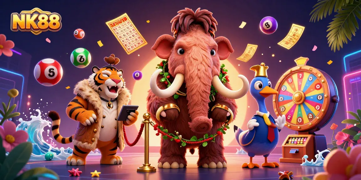 Experience the excitement of NK88 with vibrant lottery elements and unique characters in a dynamic casino scene.