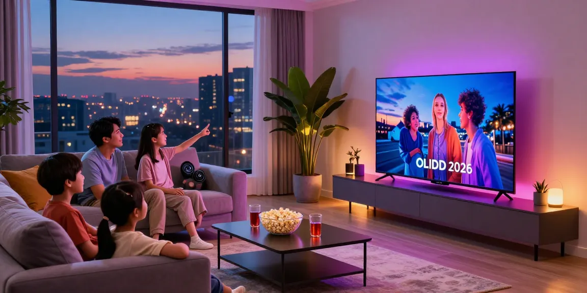 Family enjoying movie night with OLED TV 2026 in a modern living room, colorful decor and cozy atmosphere.