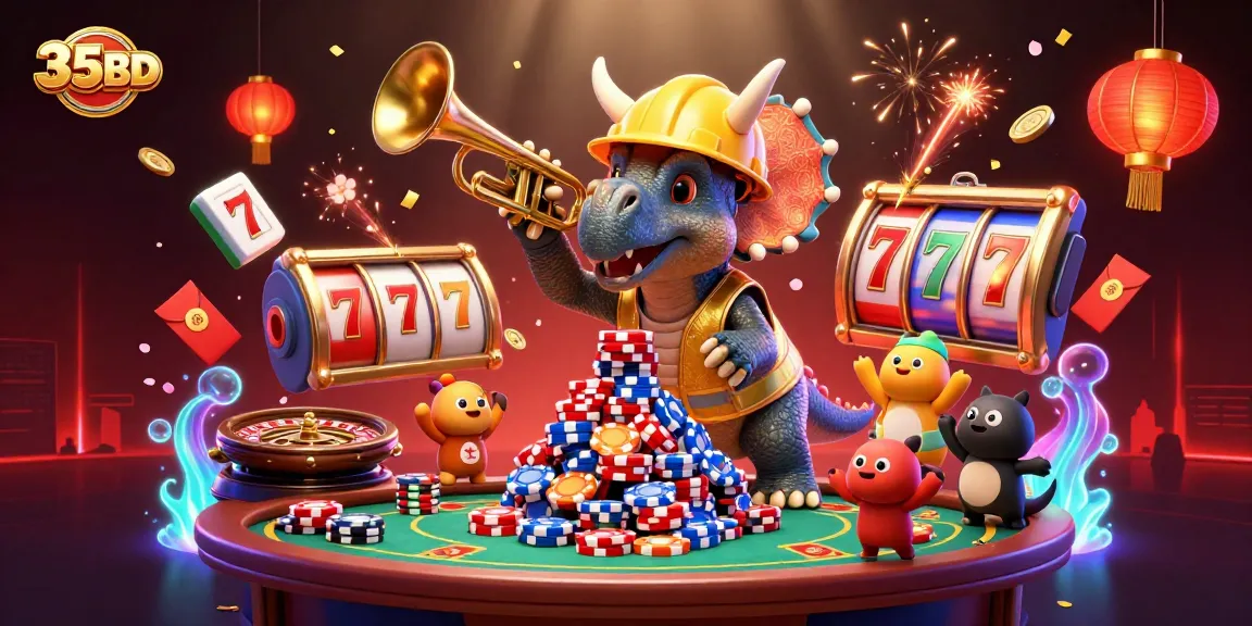 35BD casino scene showing a triceratops building poker chips with a festive atmosphere.