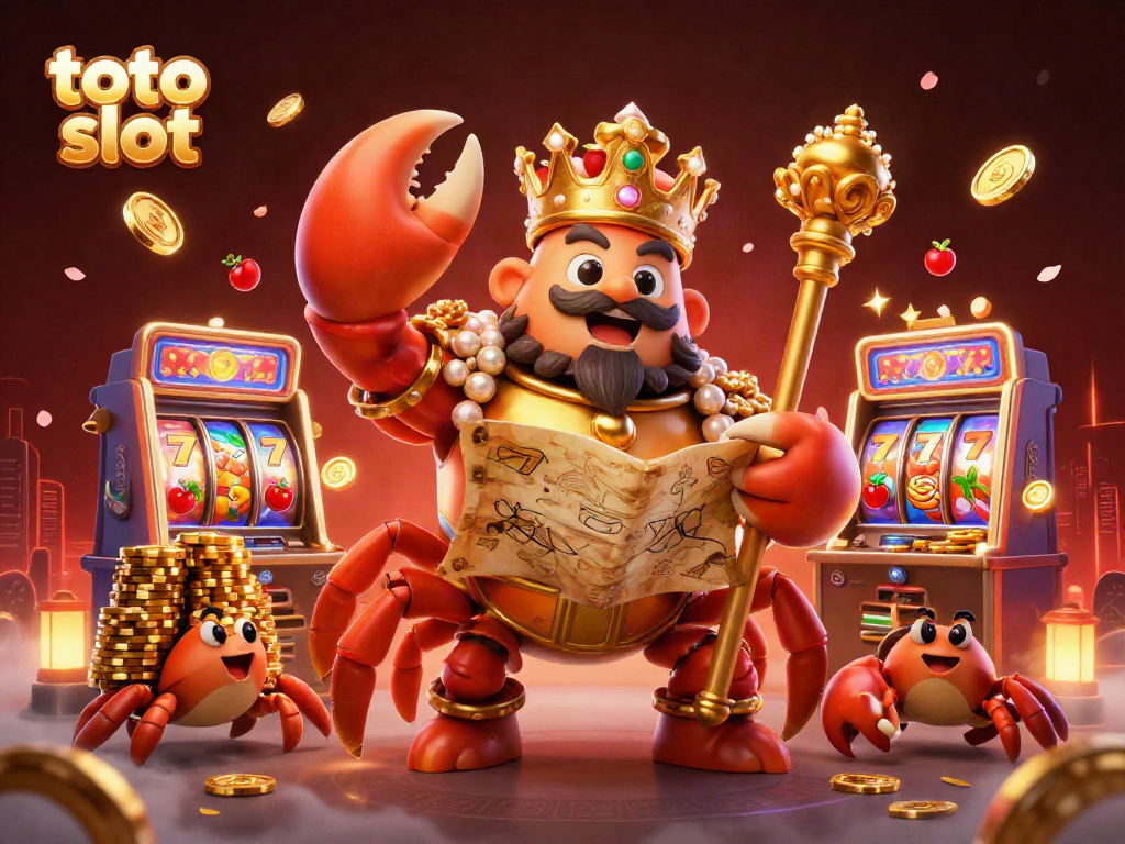 Spin the exciting toto slot with a gold crab emperor amidst vibrant fruit symbols and jackpots.