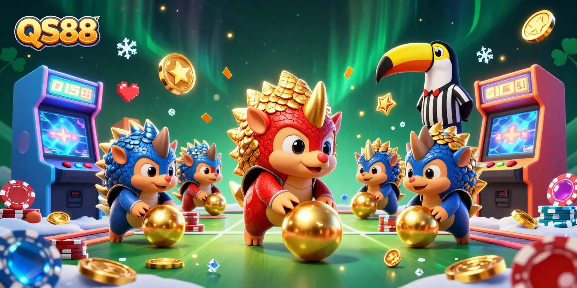 QS88 pangolins bowling through poker chips in an energetic casino scene, depicting exciting gameplay.