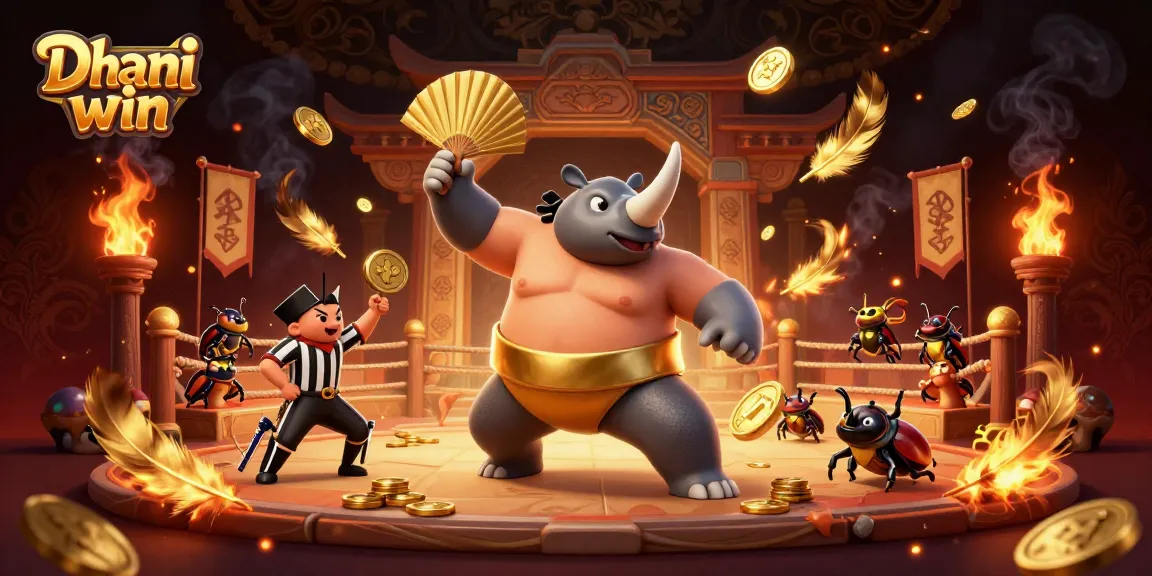 Dhani win showcases a thrilling scene of a beetle sumo champion dramatic gameplay surrounded by golden coins and festive elements.