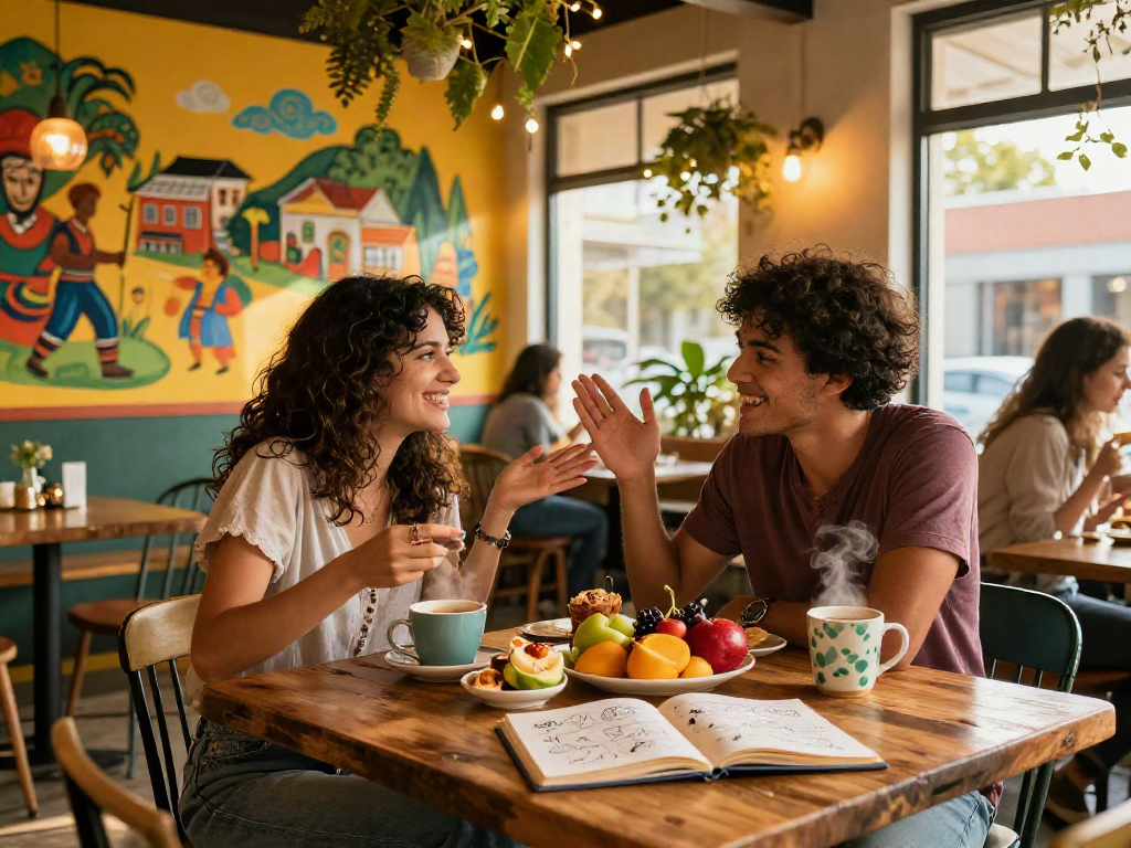 Couple enjoying a spicy chat over coffee in a vibrant café setting.