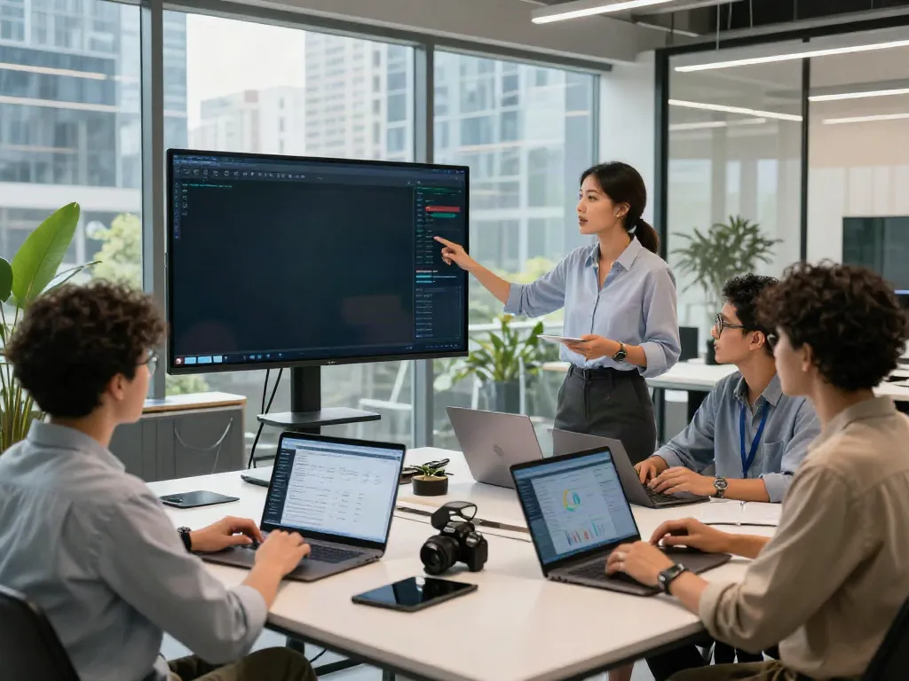 Team collaboration showcasing data visualization in a futuristic workspace as they see innovative solutions.