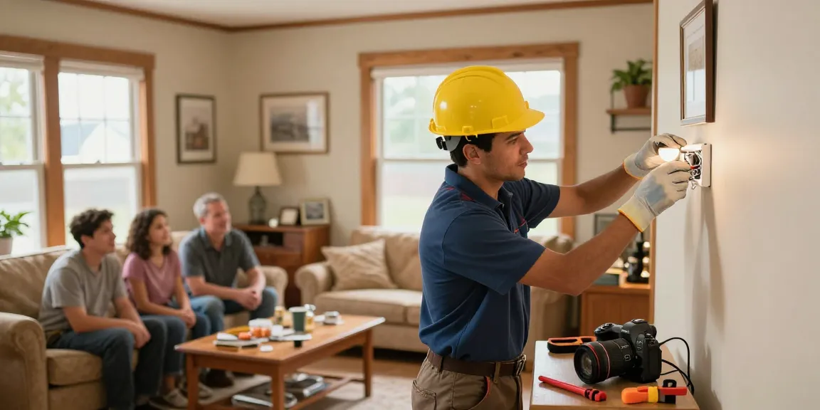 Electrician Stevens Point WI repairing a light fixture in a cozy home, showcasing professionalism and customer engagement.