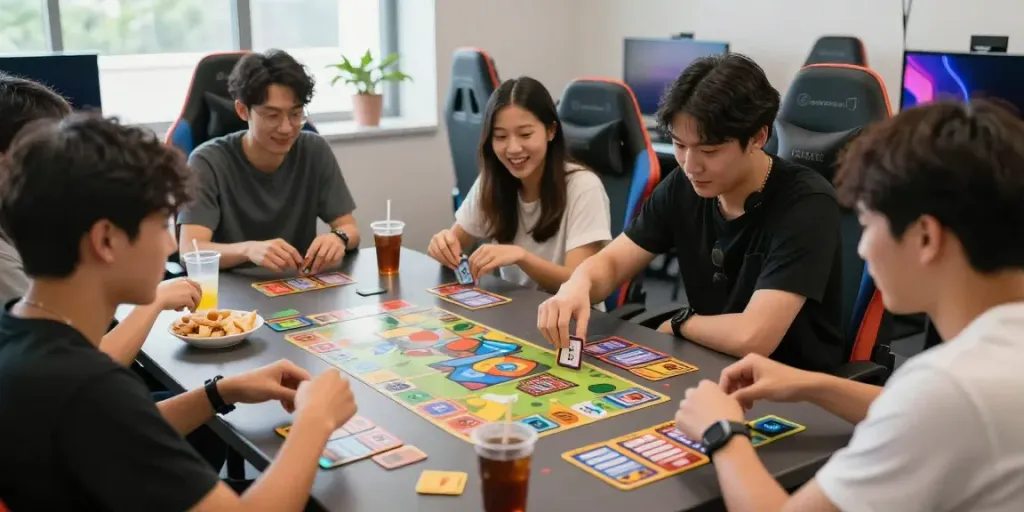 Engaging gaming atmosphere at http://11bet-app.net/ with friends enjoying card games and vibrant surroundings.