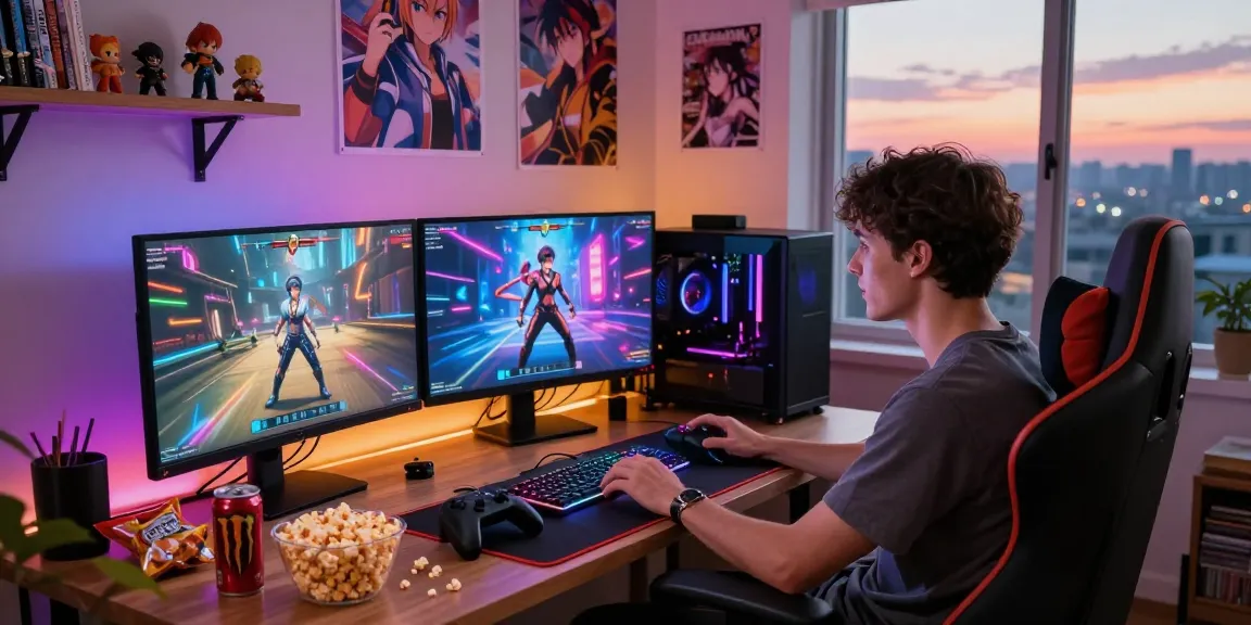 Engaging scene of a gamer enjoying mind control hentai games in a cozy setup with vibrant lights and collectibles.