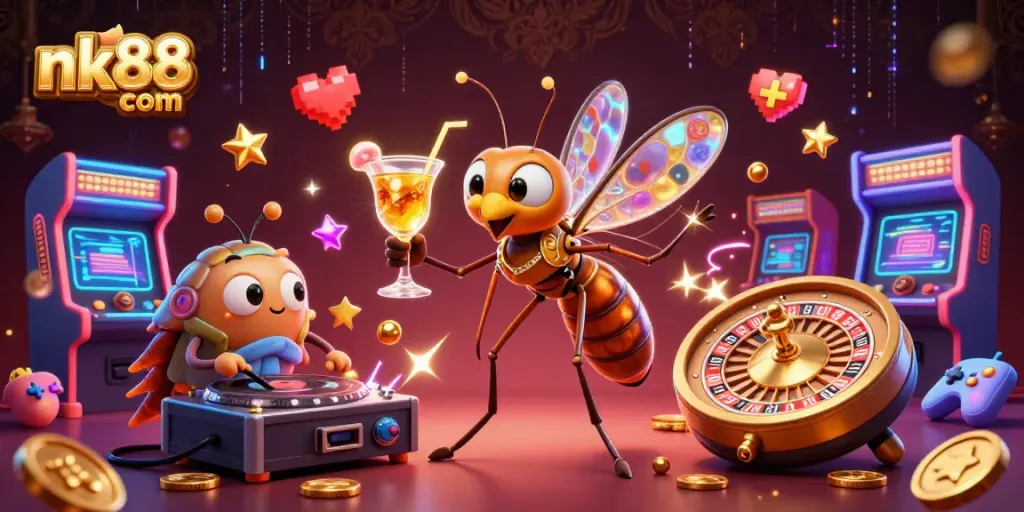 Experience thrilling gameplay at nk88 com with lively 3D casino characters and a golden roulette wheel.