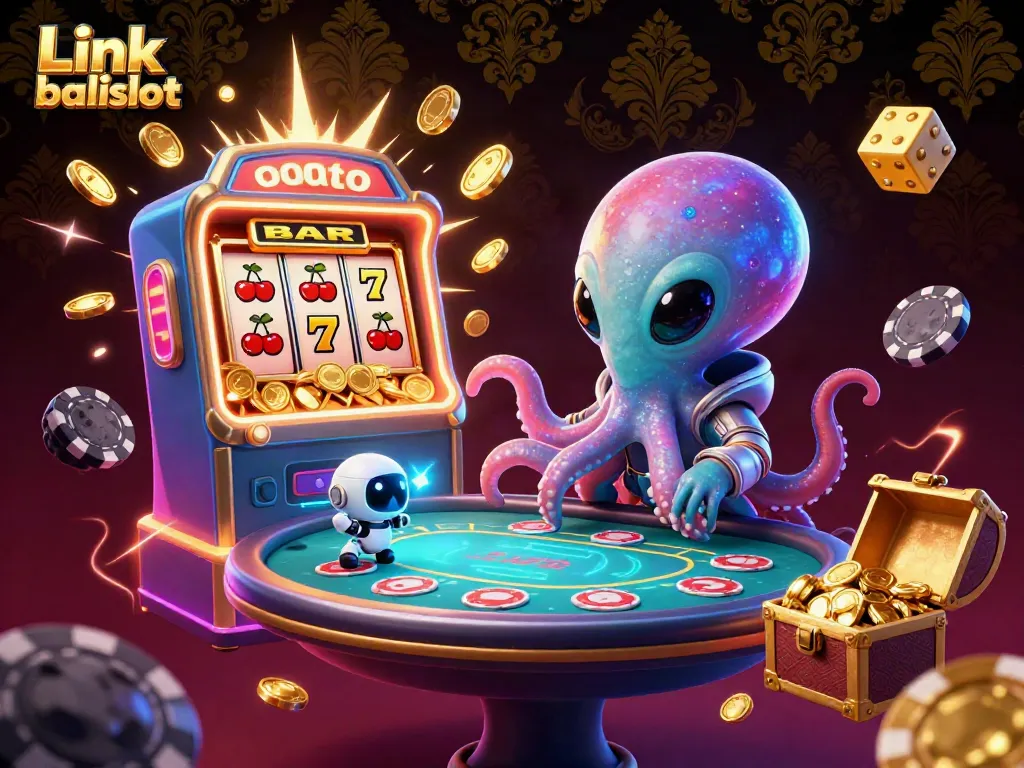 Engage with the thrilling world of Link balislot as an alien octopus hosts a holographic poker table amidst swirling jackpot elements.