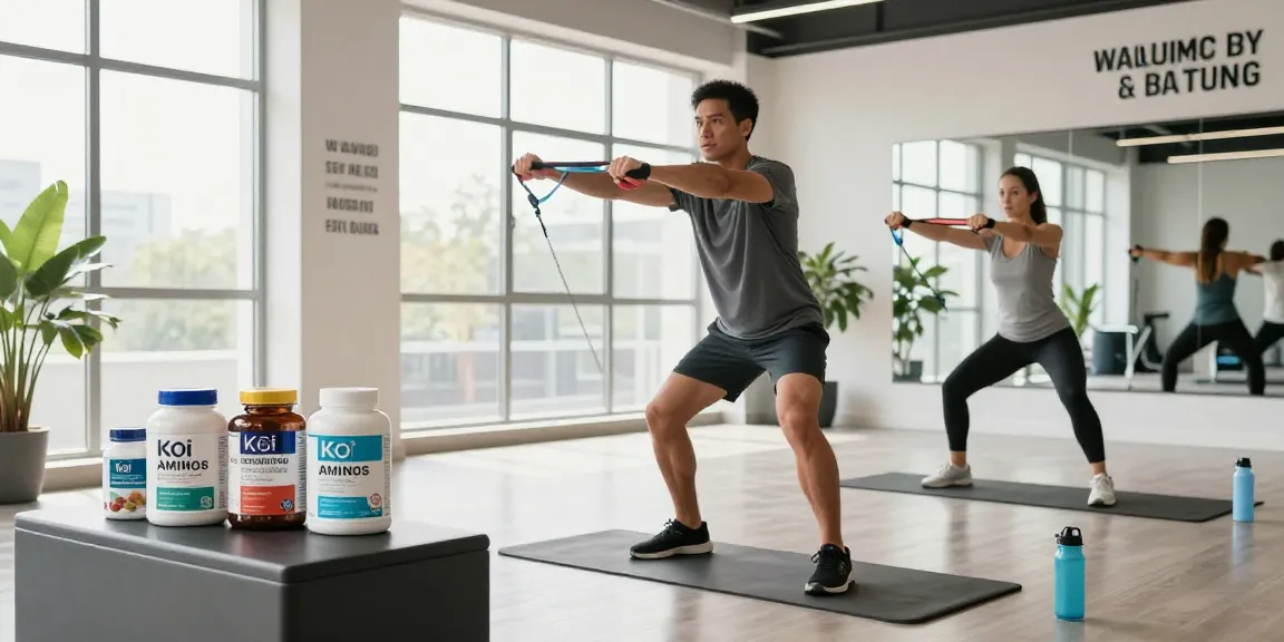 Koi Aminos peptides featured among fitness supplements in a vibrant health studio workout scene.