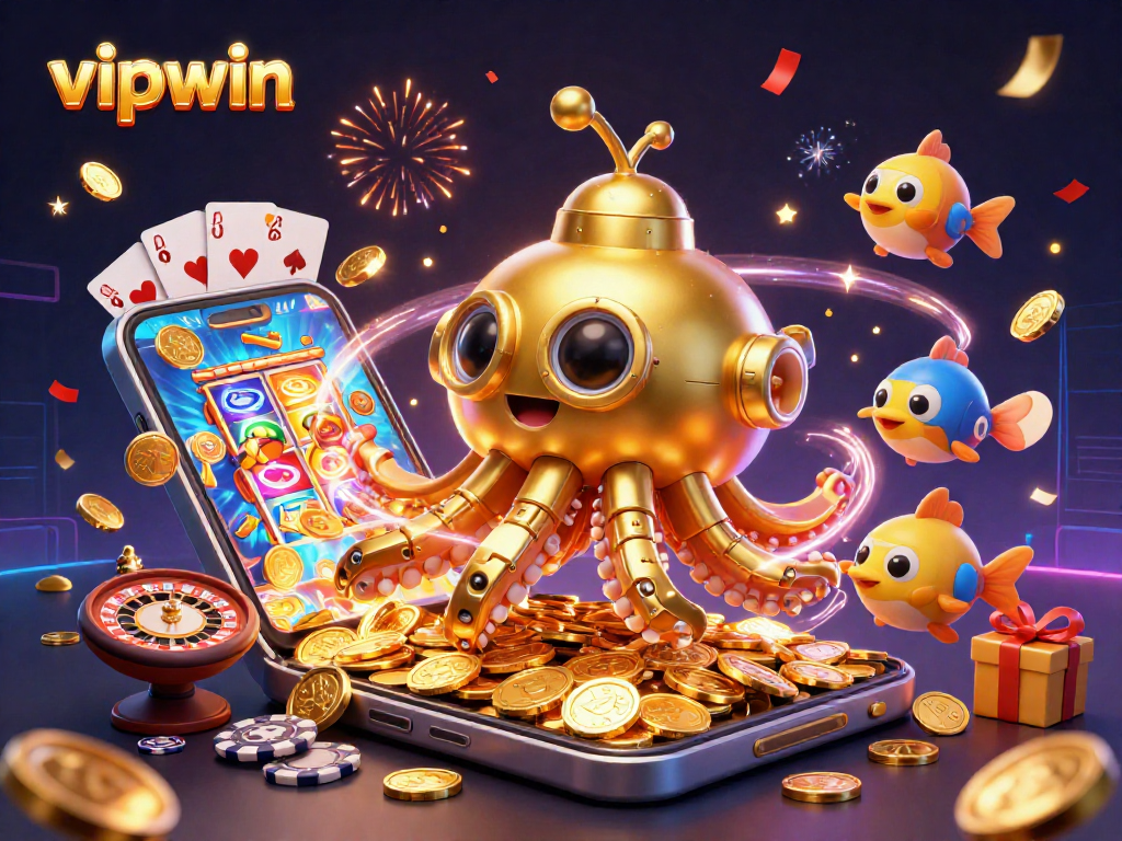 Experience exciting games with vipwin: a golden kraken submarine amidst slot reels and coins.