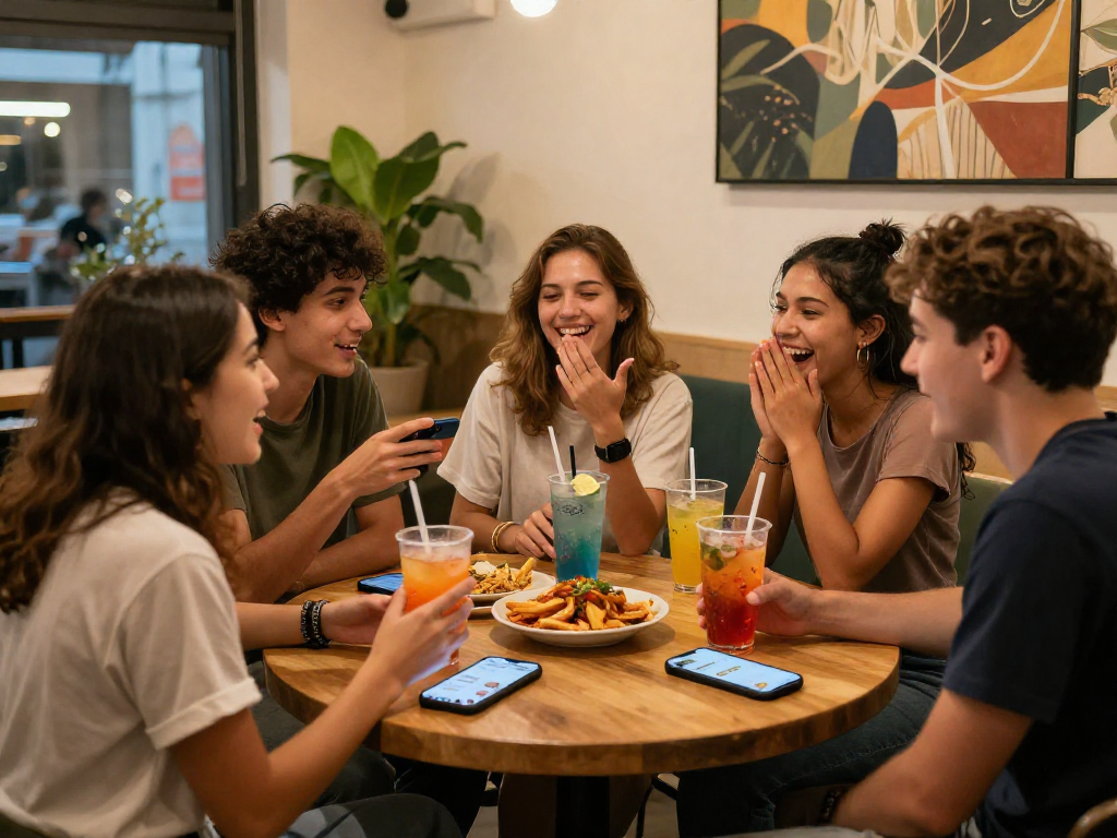 Engaging spicy chat scene in a cozy café with drinks and snacks.