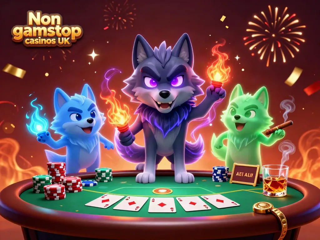 Reveal the excitement of Non gamstop casinos UK with a vibrant poker scene featuring a mystical wolf pack and dynamic game elements.