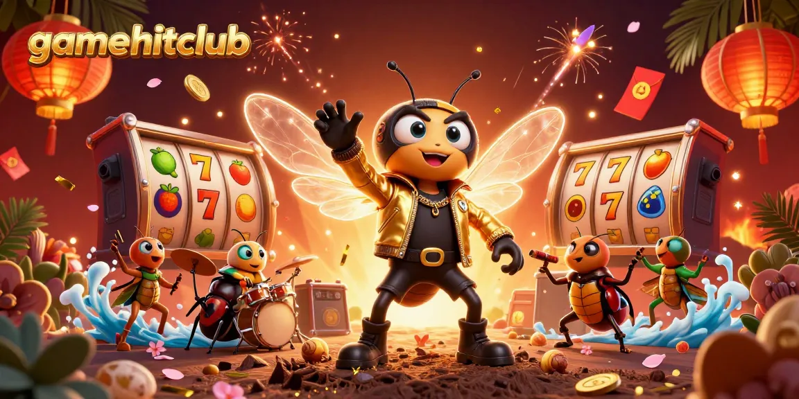 Gamehitclub showcases exciting slot elements in a vibrant 3D illustration featuring a rock star cicada.