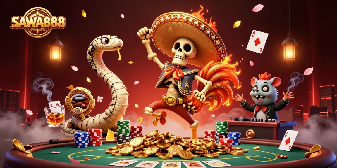 SAWA888 slots scene featuring a skeleton mariachi rooster, mummy snake, and zombie hamster DJ surrounded by colorful poker chips.